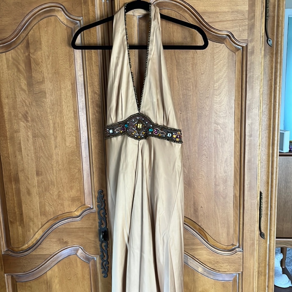 Nicole Miller signature gold beaded halter gown